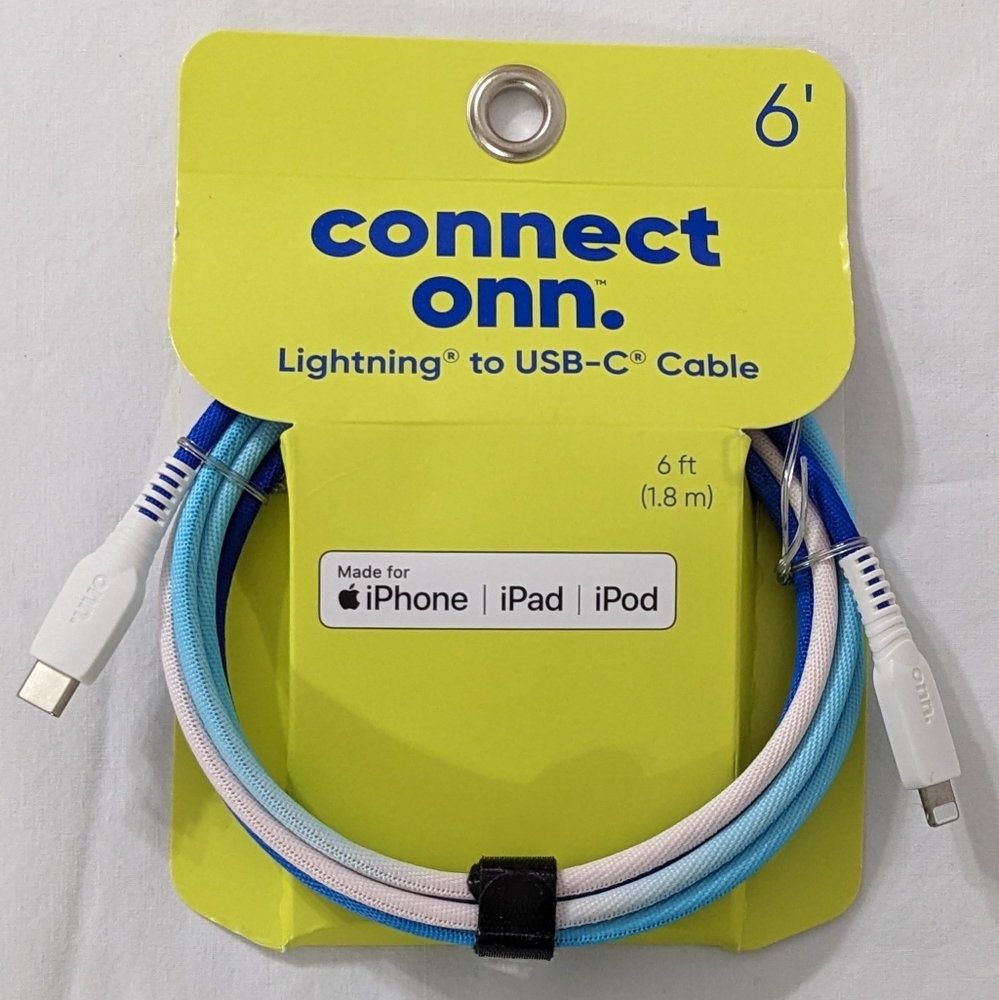 NEW Connect Onn. 6 ft. Blue & White Lightning to USB-C Cable